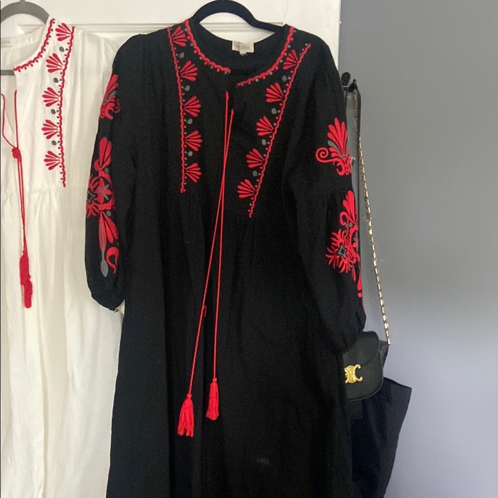 Black and Red Buttoned Dress with Bishop Sleeves